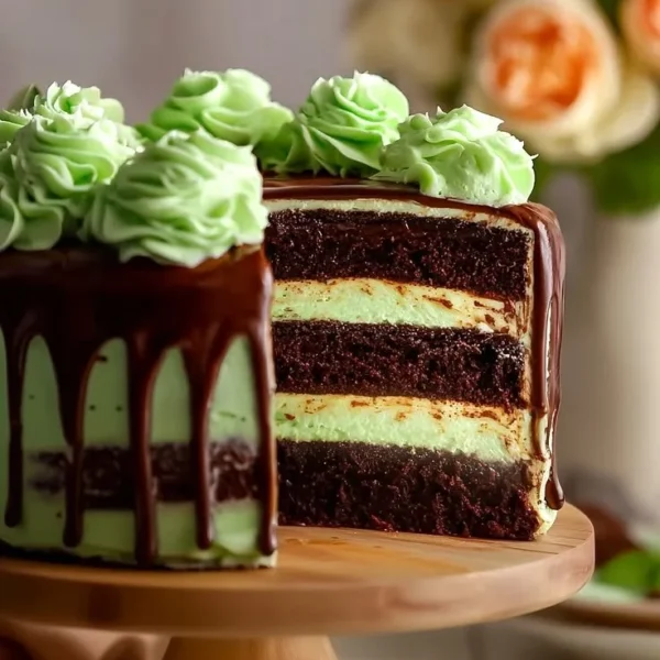 Slice of layered mint julep cake with mint leaves and bourbon frosting
