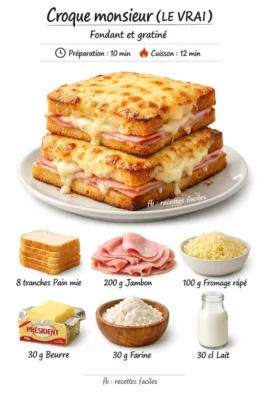 Un délicieux Croque-Monsieur garni de fromage et jambon, grillé à la perfection.