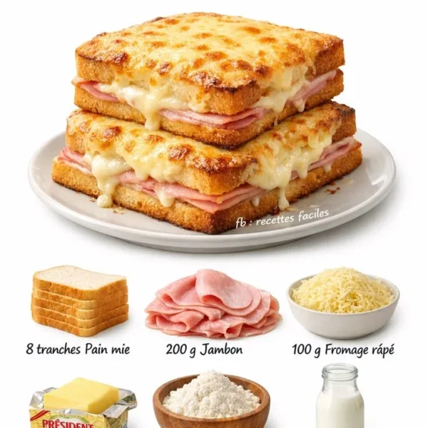 Un délicieux Croque-Monsieur garni de fromage et jambon, grillé à la perfection.