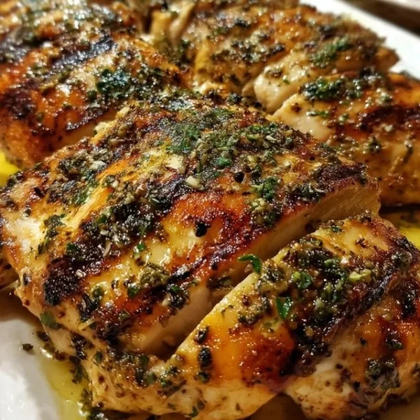 Delicious Lemon Greek Grilled Chicken served with fresh herbs and lemon slices.