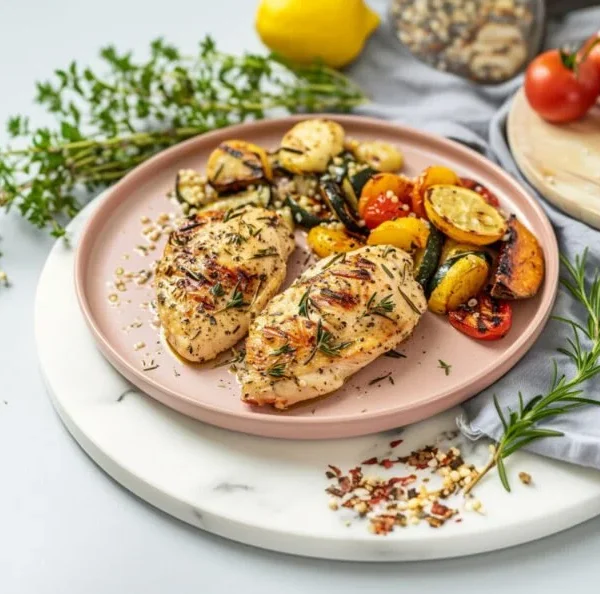 Lemon Herb Chicken served with colorful roasted vegetables on a plate