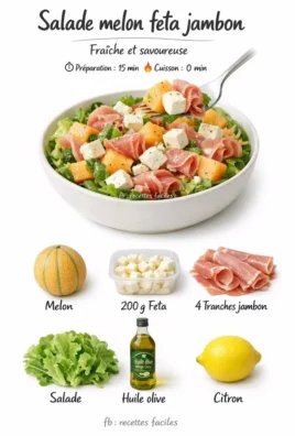 Melon salad with feta and ham served on a plate, fresh and colorful.