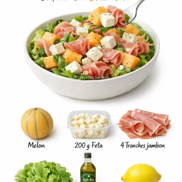Melon salad with feta and ham served on a plate, fresh and colorful.