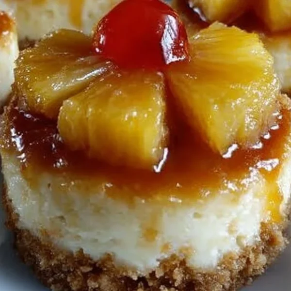 Mini Pineapple Upside Down Cheesecakes topped with cherries and pineapples