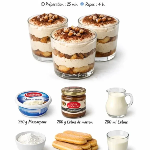 Mousse Légère à la Crème de Marron Façon Tiramisu dans un verre élégamment servi