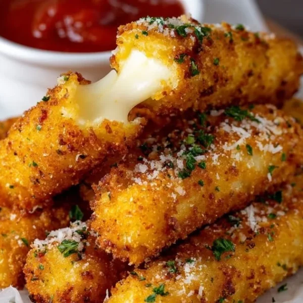 Delicious mozzarella sticks served with marinara sauce for dipping.