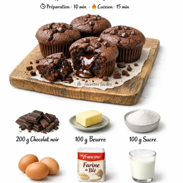 Muffins au chocolat fondant sortis du four, garnis de pépites de chocolat.