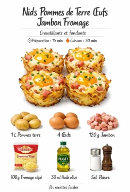 Nids de pommes de terre garnis d'œufs, jambon et fromage