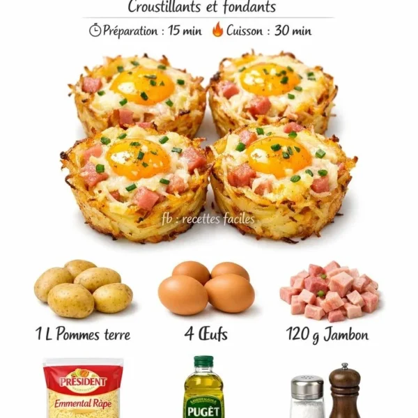 Nids de pommes de terre garnis d'œufs, jambon et fromage