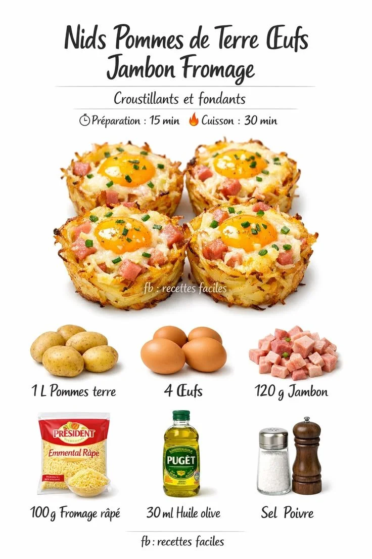 Nids de pommes de terre, œufs, jambon et fromage