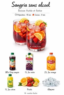 Glass of vibrant non-alcoholic sangria with fresh fruit slices.