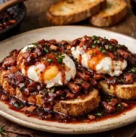 Plat d'œufs en meurette avec sauce au vin rouge et garnitures