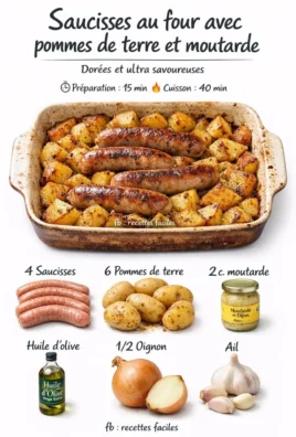 Oven-baked sausages served with potatoes and mustard in a rustic dish.
