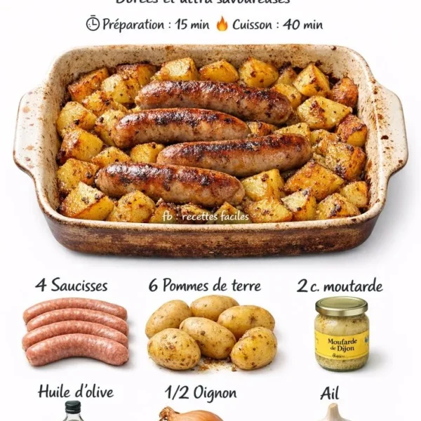 Oven-baked sausages served with potatoes and mustard in a rustic dish.