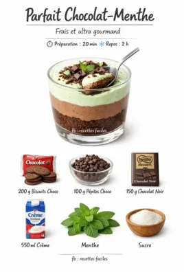 Parfait chocolat-menthe, un dessert doux et rafraîchissant.