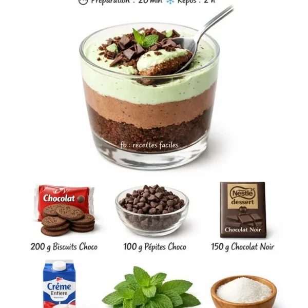 Parfait chocolat-menthe, un dessert doux et rafraîchissant.