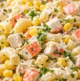 Salade de pâtes avec surimi, maïs et fromage râpé dans un bol