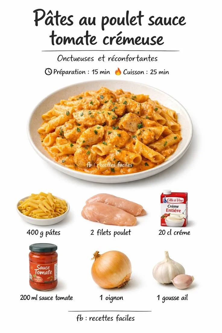 Pâtes au poulet et sauce tomate crémeuse