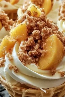 Peach Cobbler Cheesecake Cones topped with fresh peaches and whipped cream