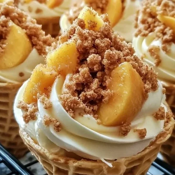 Peach Cobbler Cheesecake Cones topped with fresh peaches and whipped cream
