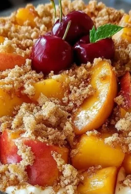 Delicious Peach Cobbler Cheesecake Fruit Salad with fresh peaches and cheesecake.