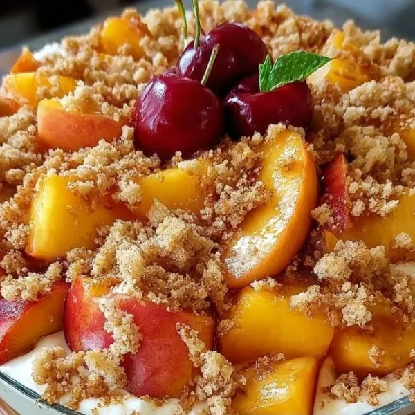 Delicious Peach Cobbler Cheesecake Fruit Salad with fresh peaches and cheesecake.