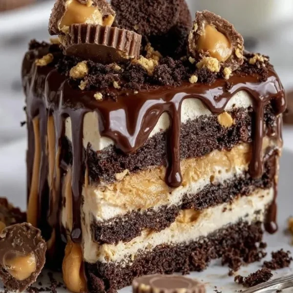 Slice of creamy Peanut Butter Icebox Cake with chocolate drizzle on top