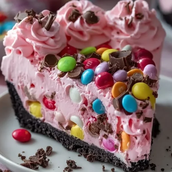Slice of Pink M&M Snickers Cheesecake with colorful M&Ms and caramel topping