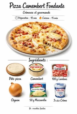 Pizza Camembert avec lardons et oignons caramélisés, un délice fondant.