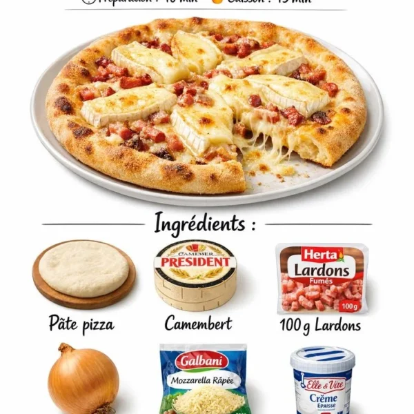 Pizza Camembert avec lardons et oignons caramélisés, un délice fondant.