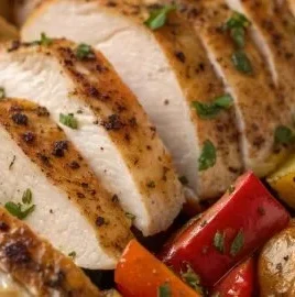 Poulet grillé avec légumes rôtis et pommes de terre sur une assiette