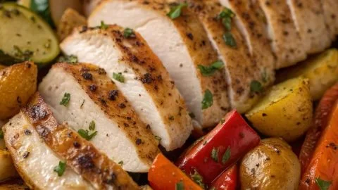 Poulet grillé avec légumes rôtis et pommes de terre