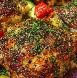 Poulet rôti aux herbes méditerranéennes avec légumes colorés dans un plat en céramique.