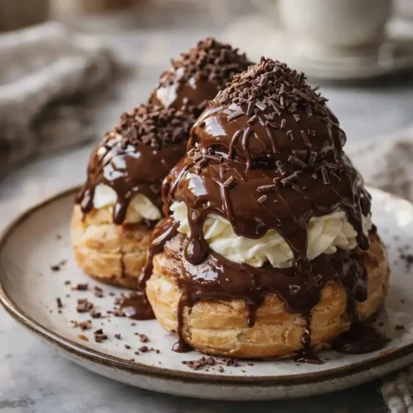 Profiteroles au chocolat garnies de crème et nappées de chocolat fondu