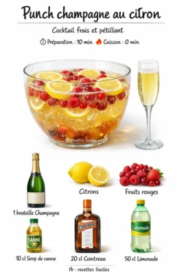 Punch champagne au citron servie dans un verre, décorée de zestes de citron