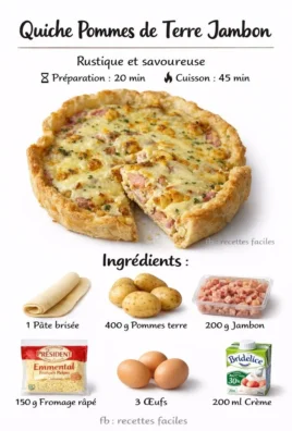 Quiche aux pommes de terre et jambon, un plat savoureux et réconfortant.