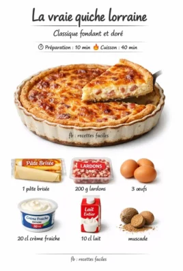 Quiche Lorraine garnie de lardons et de crème, servie chaude sur une table