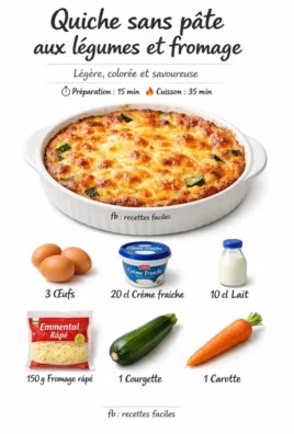 Recette de quiche sans pâte aux légumes et fromage, plat savoureux et facile à réaliser.