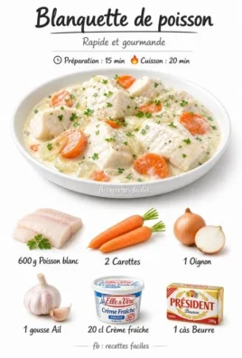Quick and tasty fish blanquette served in a bowl with herbs and vegetables