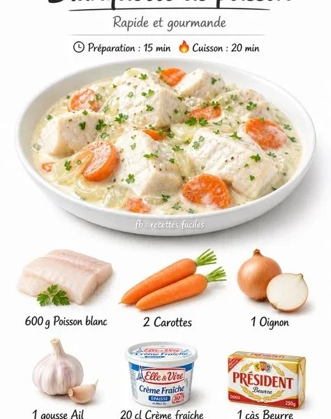 Quick and tasty fish blanquette served in a bowl with herbs and vegetables