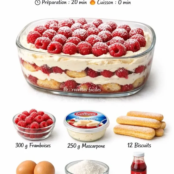 Delicious Raspberry Tiramisu with mascarpone and fresh raspberries