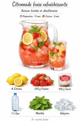 Refreshing strawberry lemonade in a glass with fresh strawberries and lemon slices