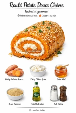 Roulé de Patate Douce au Chèvre, Miel et Sésame sur une assiette garnie