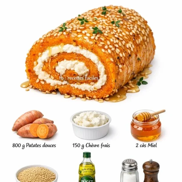 Roulé de Patate Douce au Chèvre, Miel et Sésame sur une assiette garnie
