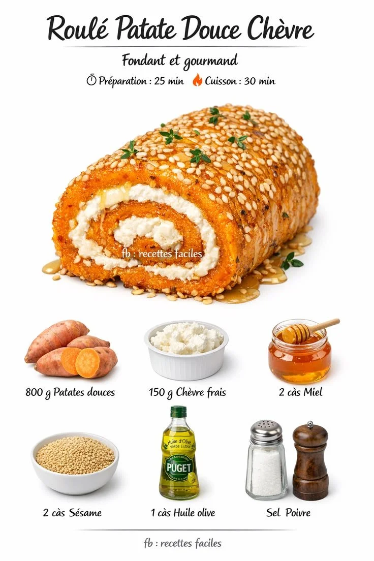 Roulé de Patate Douce au Chèvre Frais, Miel et Sésame Doré