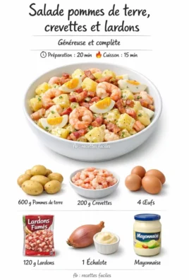 Salade de pommes de terre aux crevettes, œufs durs et lardons
