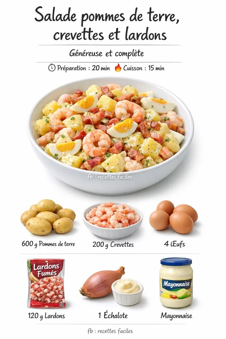 Salade de pommes de terre aux crevettes, œufs durs et lardons