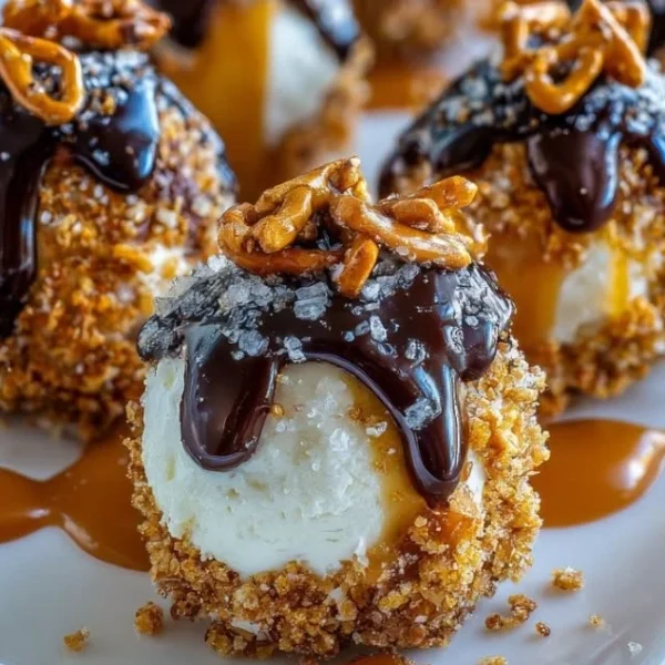 Salted Caramel Pretzel Cheesecake Balls on a white plate