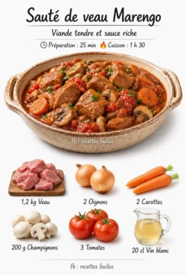 Sauté de veau Marengo servi avec des légumes frais et une sauce délicieuse.