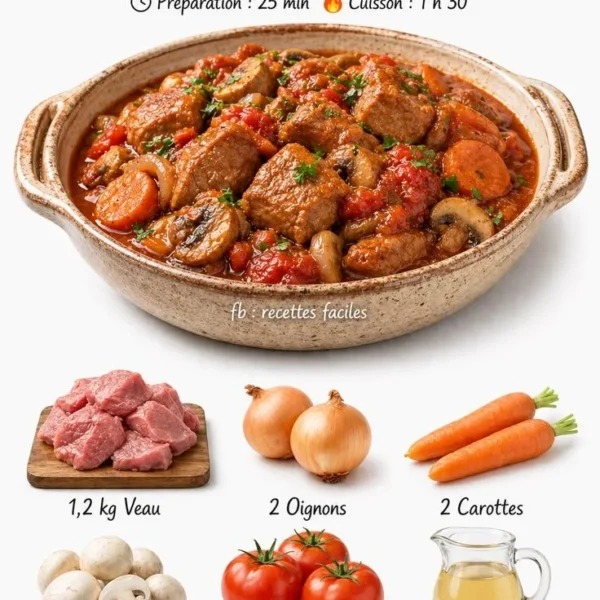 Sauté de veau Marengo servi avec des légumes frais et une sauce délicieuse.